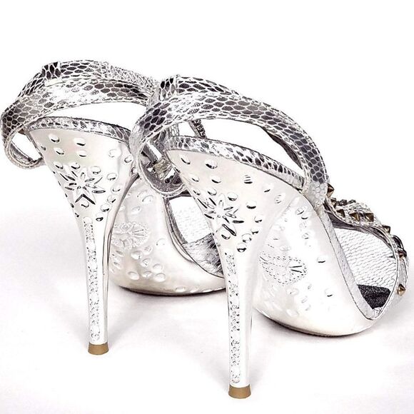 NEW Celeste Metallic Silver Open Toe Studded Stiletto Heels Size 6.5 - Picture 4 of 7